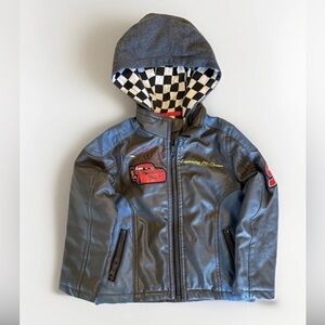 Disney Cars Lightning McQueen Jacket Boys 5/6 Gray Faux Leather Hooded Zip